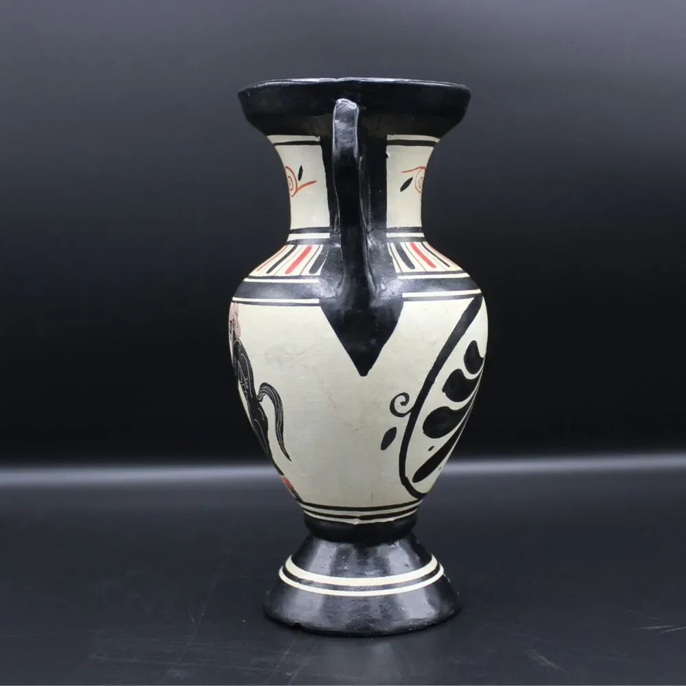 Vintage Greek Design Terra Cotta Pottery Vase Hand Painted Details Side Handles